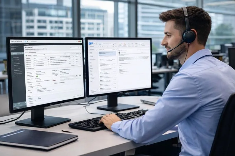 IT support professional managing ServiceNow tickets and email in a modern office