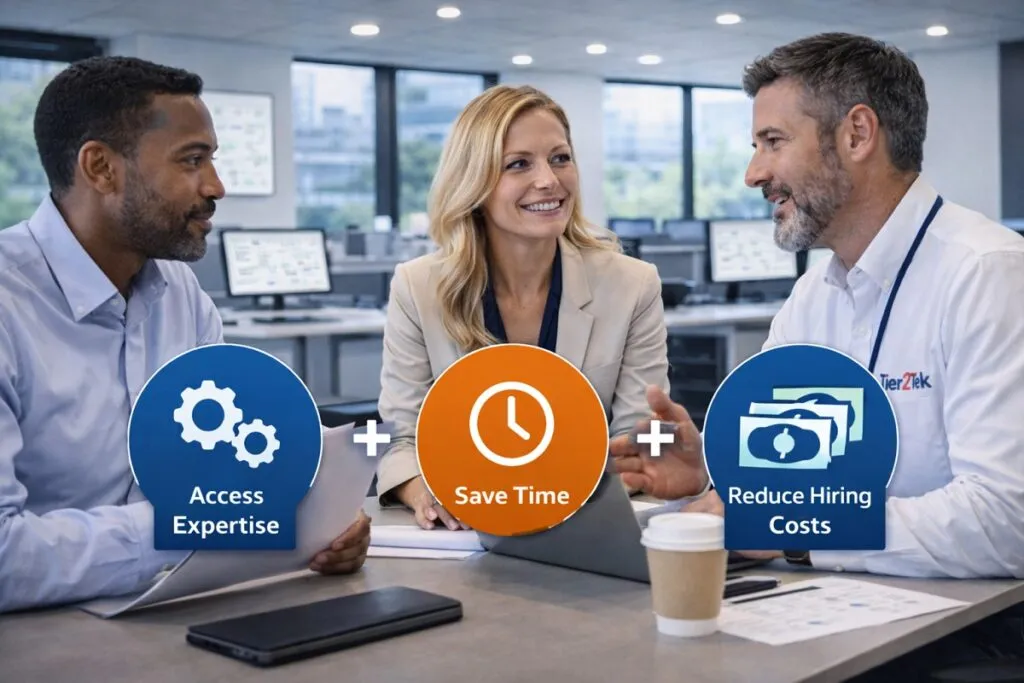 Business leaders meeting with Tier2Tek recruiter about Infrastructure Architect direct hire staffing