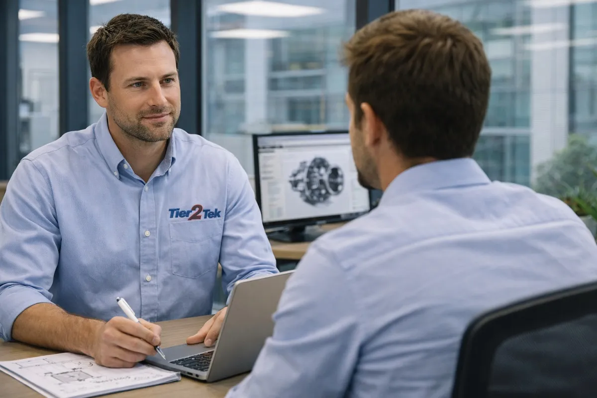 Tier2Tek recruiter interviewing a mechanical engineer candidate in a corporate office setting.