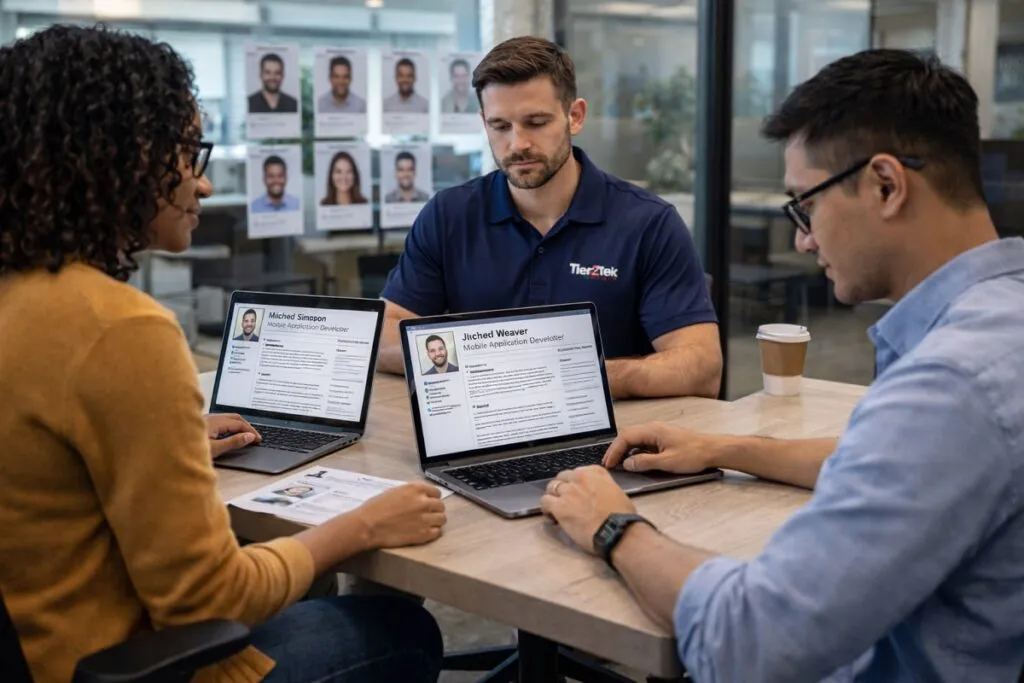 Recruiters reviewing mobile application developer resumes on laptops in corporate office