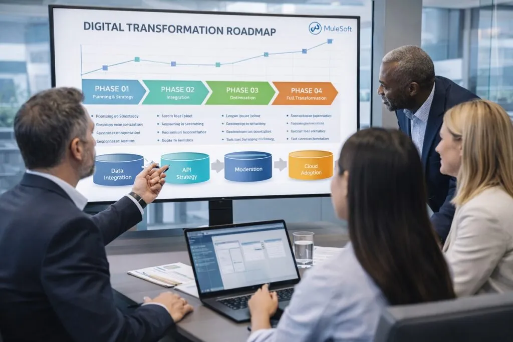 Enterprise leadership team reviewing digital transformation roadmap and API strategy