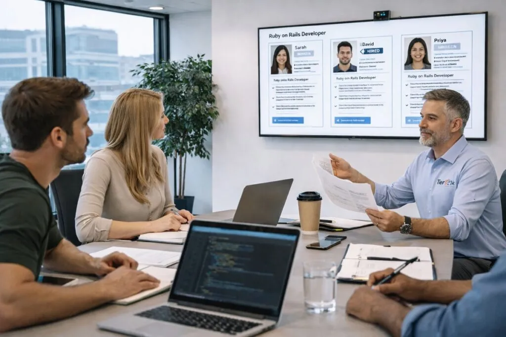 Tier2Tek Staffing recruiter presenting Ruby on Rails candidate profiles in conference room