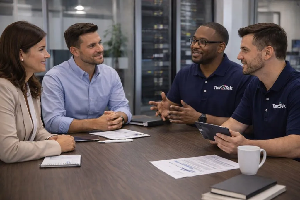 Hiring managers meeting with Tier2Tek recruiters to discuss telecom staffing needs