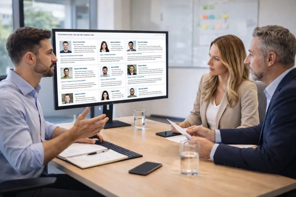 Executive team reviewing web developer candidate profiles on digital screen in conference room