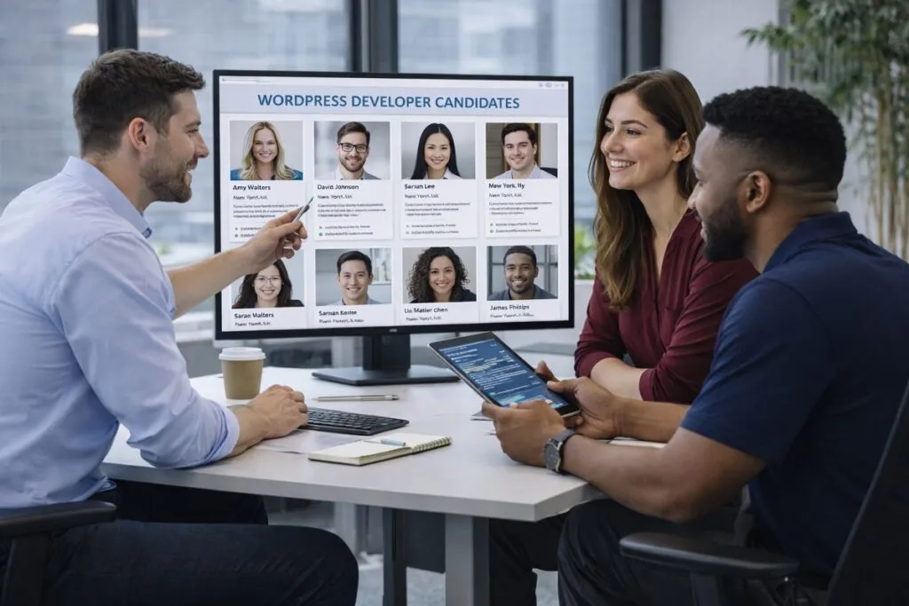 Hiring team reviewing multiple WordPress developer candidates on screen in corporate office