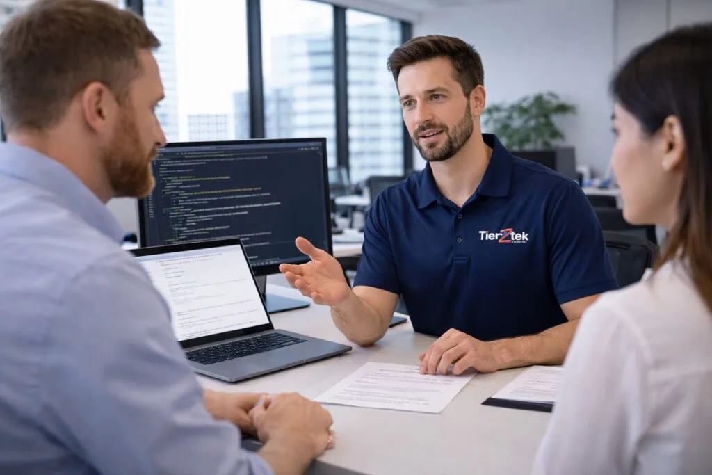 Tier2Tek Staffing recruiter discussing .NET developer candidates with hiring managers in corporate office