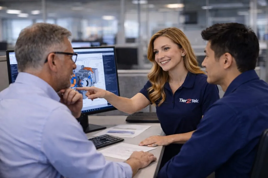 Tier2Tek Staffing recruiter collaborating with engineering leaders to review CAD designs and hiring requirements.