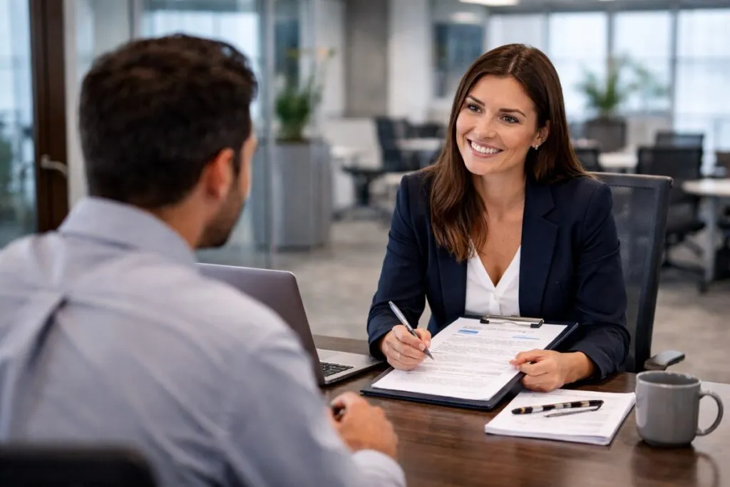 Engineering recruiter conducting structured interview with candidate in corporate office