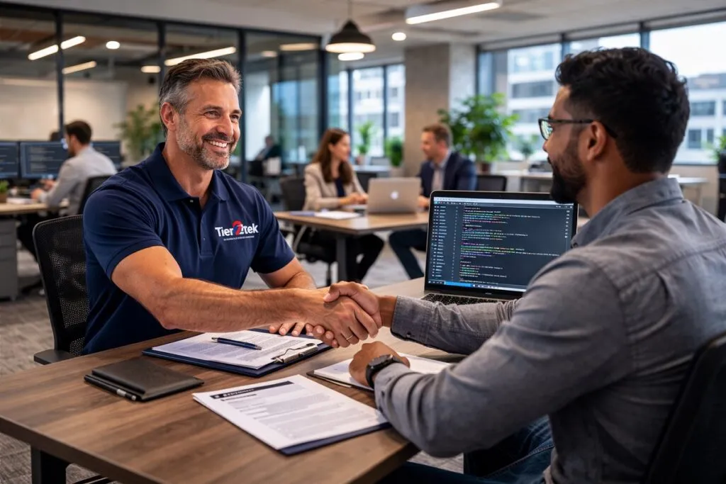 Tier2Tek recruiter interviewing full stack developer candidate in modern corporate office