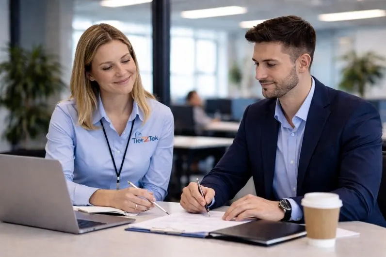 Tier2Tek recruiter collaborating with a hiring manager on IT support hiring needs