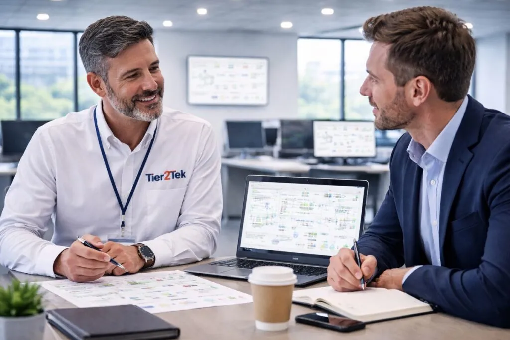 Tier2Tek recruiter meeting with employer to discuss Infrastructure Architect direct hire staffing