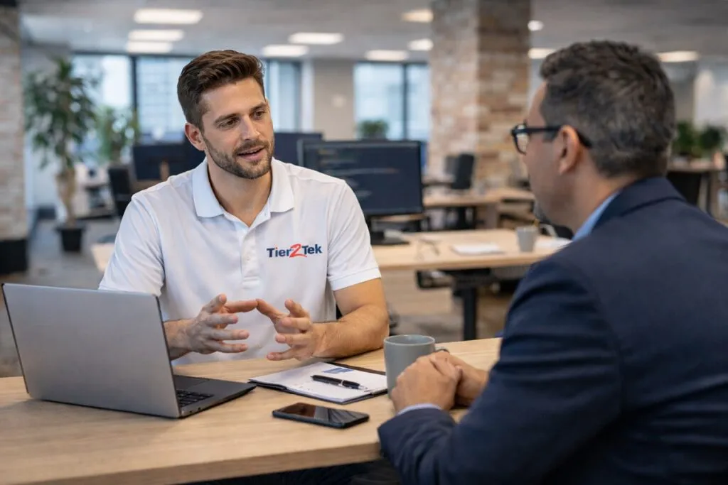 Tier2Tek recruiter meeting with technology executive about Java developer direct hire staffing