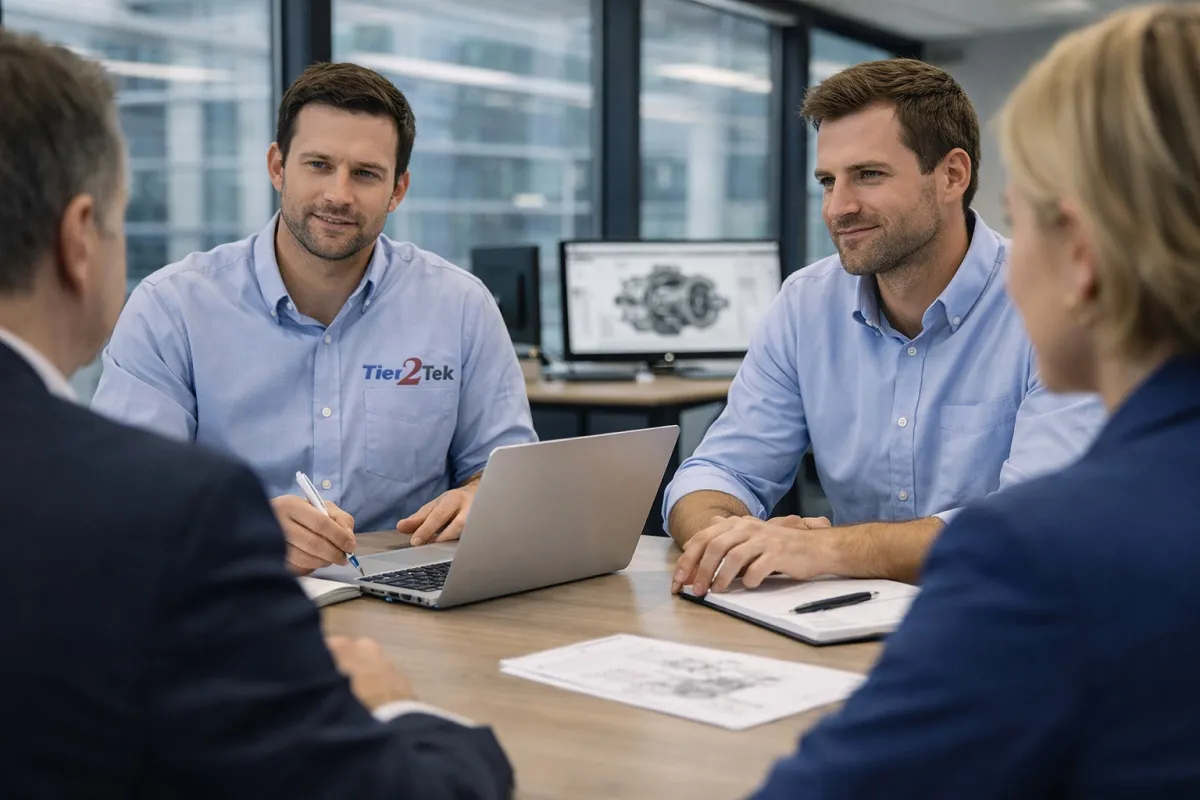 Tier2Tek recruiters meeting with executives to discuss mechanical engineering staffing solutions.