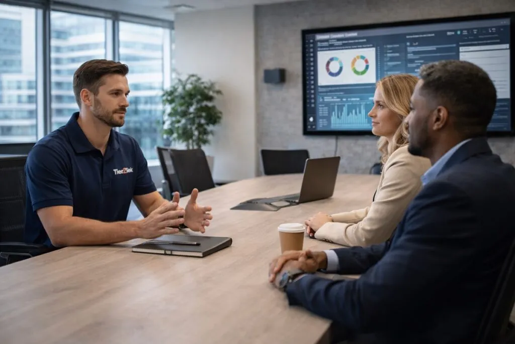 Tier2Tek recruiter meeting with client leadership team in corporate conference room