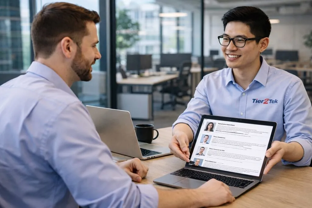 Tier2Tek recruiter presenting Python developer candidates on laptop to hiring manager