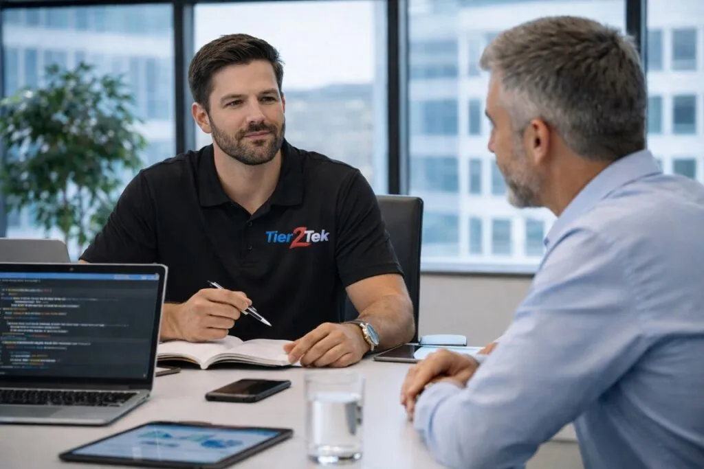 Tier2Tek recruiter meeting with employer in modern office about Ruby on Rails hiring