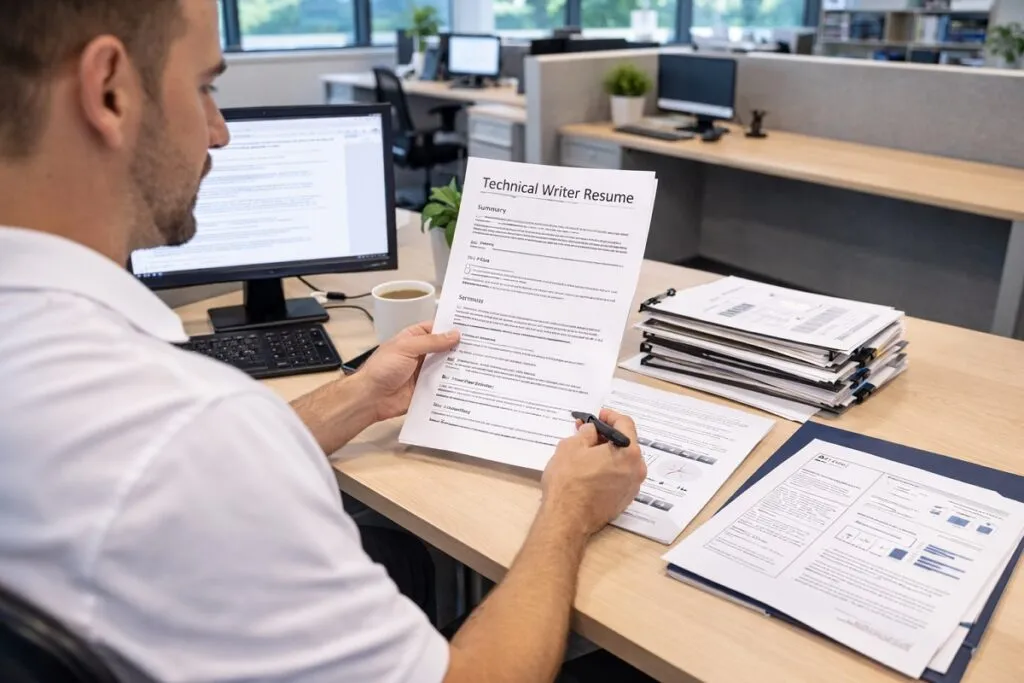 Tier2Tek recruiter reviewing technical writer resume and documentation samples for direct hire placement