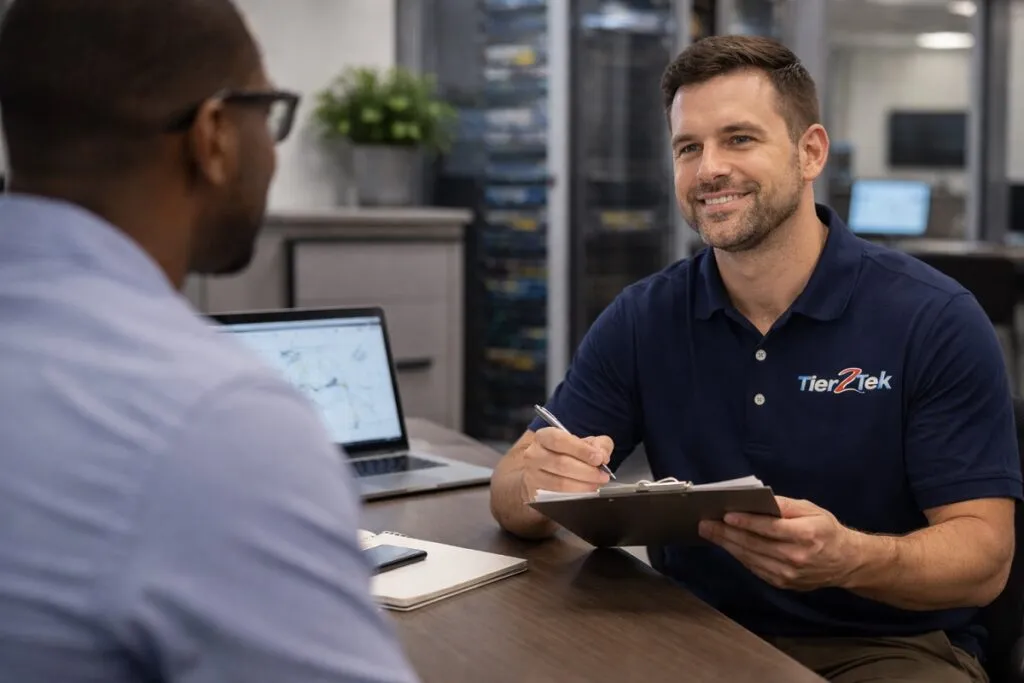 Tier2Tek recruiter conducting technical telecom interview with candidate in corporate office