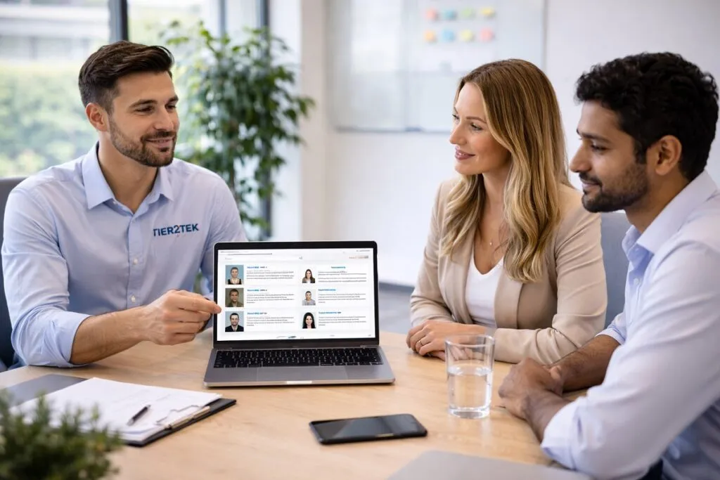 Tier2Tek recruiter presenting web developer candidate shortlist on laptop to hiring managers in conference room