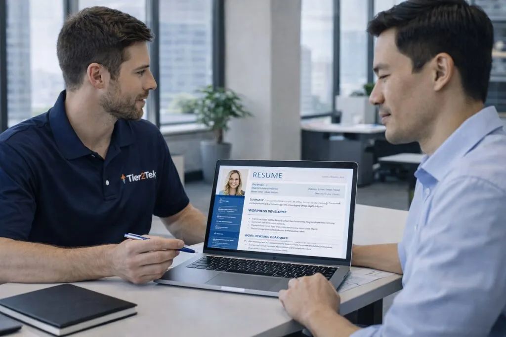 Tier2Tek recruiter presenting WordPress developer candidates on laptop to hiring manager