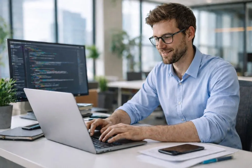 WordPress developer working on laptop in corporate office setting for direct hire staffing recruitment