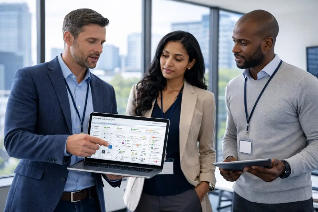 Infrastructure architects reviewing enterprise IT dashboard in corporate office setting | Tier2Tek Staffing