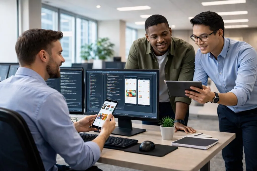 Mobile application developers collaborating in corporate office with code on screens and smartphone app testing