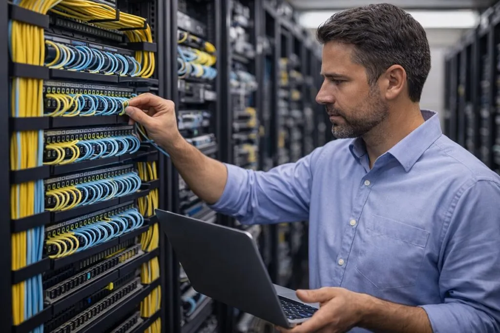 Telecom engineer organizing structured cabling inside a data center server rack environment