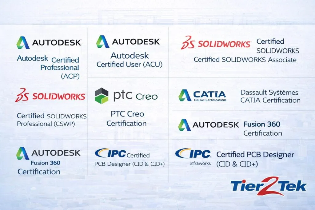 CAD certifications commonly reviewed in direct hire CAD staffing, including Autodesk, SOLIDWORKS, CATIA, and PTC Creo.