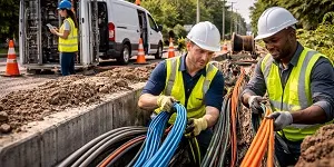Fiber optic technicians installing underground broadband and Cat5 network cables at infrastructure development site