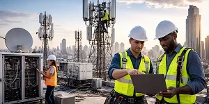 Telecommunications technicians installing and maintaining 5G cell tower equipment on a city rooftop network site