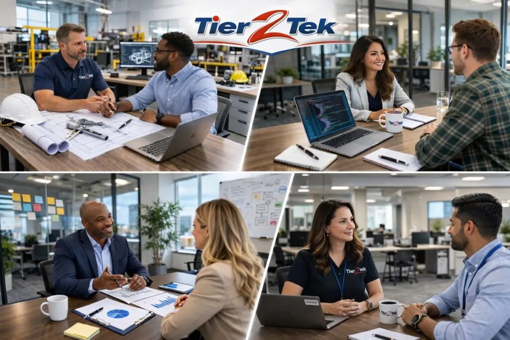 Tier2Tek recruiters interviewing engineering, software development, cloud engineering, and business analyst candidates in a professional office setting.