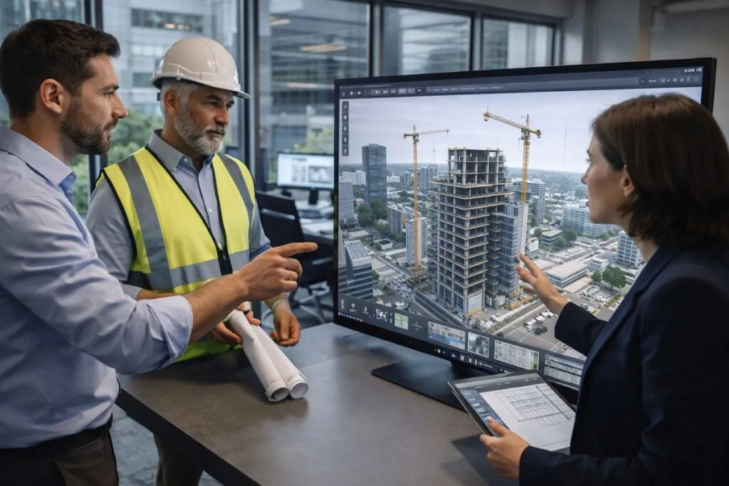 Architects and construction professionals reviewing 3D building design and construction model on desktop monitor in a modern office