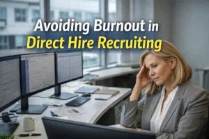 HR director reviewing candidates on dual monitors in office to manage direct hire recruiting workload