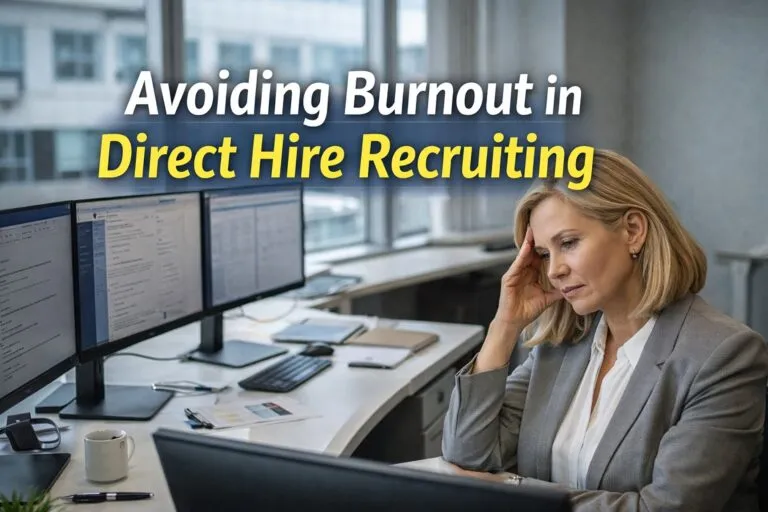 HR director reviewing candidates on dual monitors in office to manage direct hire recruiting workload