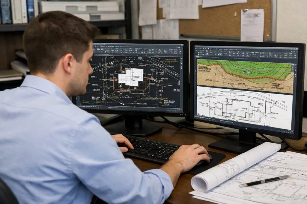 CAD designer reviewing land surveying site plans and technical drawings in AutoCAD on dual monitors in an office.