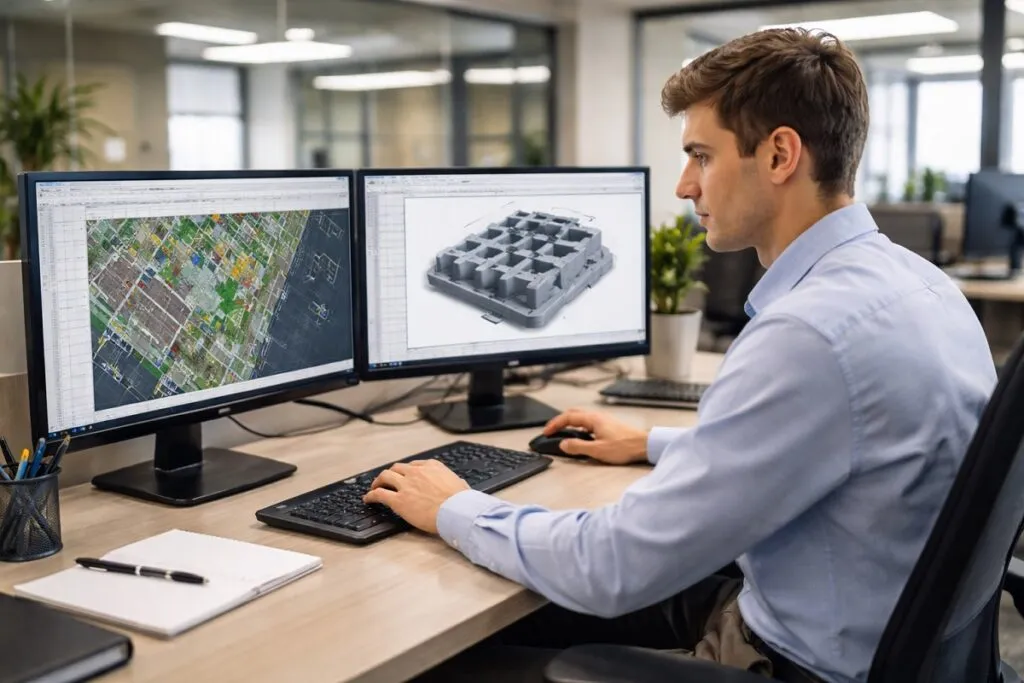 CAD designer working on dual monitors with 2D site plans and 3D models in a professional office setting