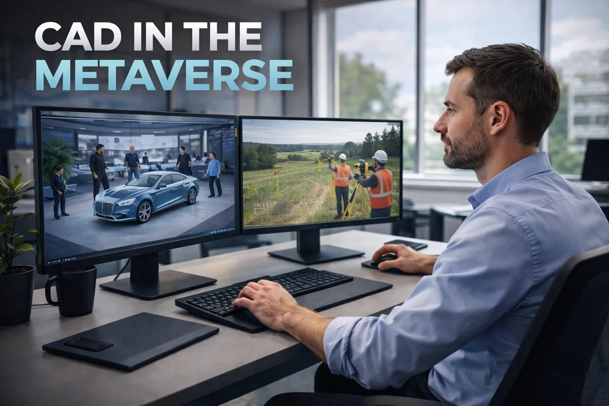 Engineer using CAD in the Metaverse on dual monitors showing virtual car design and land surveying environment