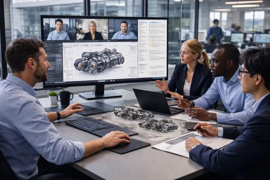 Engineering teams collaborating globally through CAD software and video conference on desktop monitors in a corporate office