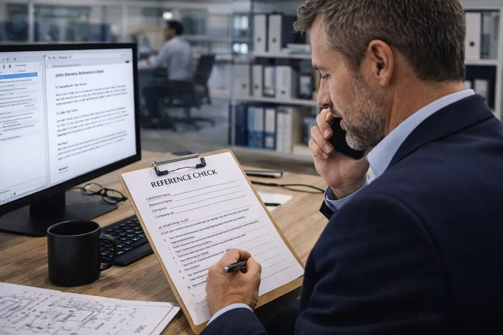 Hiring manager conducting a structured reference check for a CAD designer candidate in a corporate office at Tier2Tek Staffing
