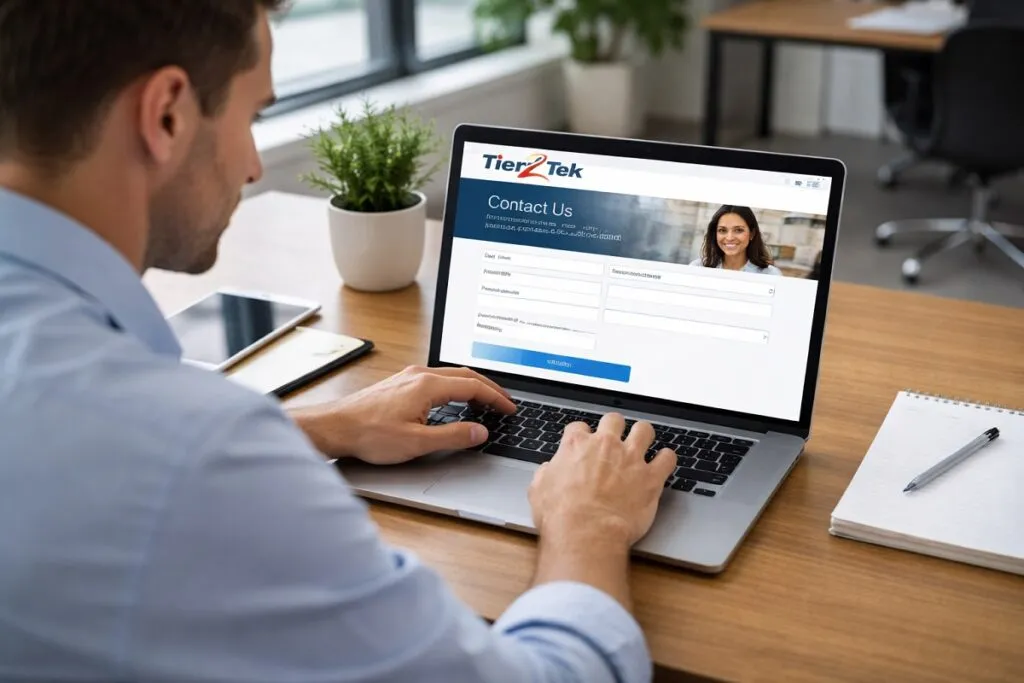 Tier2Tek contact form being completed on laptop in professional office setting