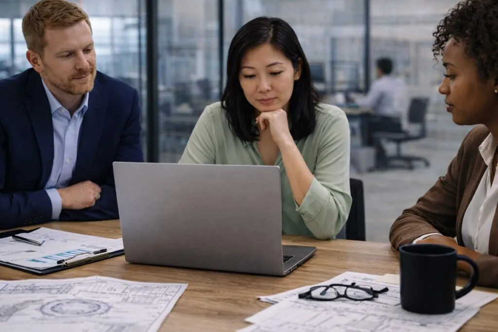 Hiring manager reviewing CAD designer staffing options on a laptop in a corporate office setting for Tier2Tek Staffing