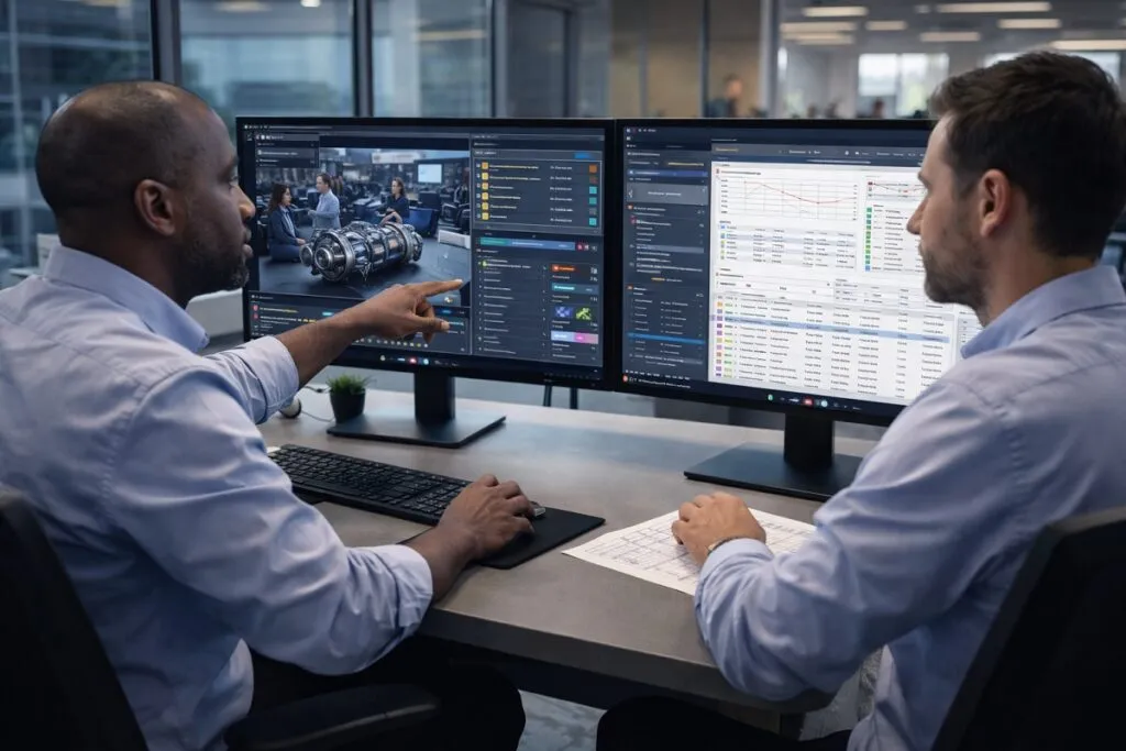 Engineers managing CAD design data and project files on dual monitors in a collaborative engineering office