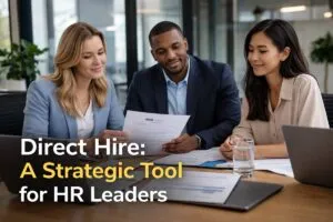Direct hire strategy HR leaders reviewing candidate resume in office