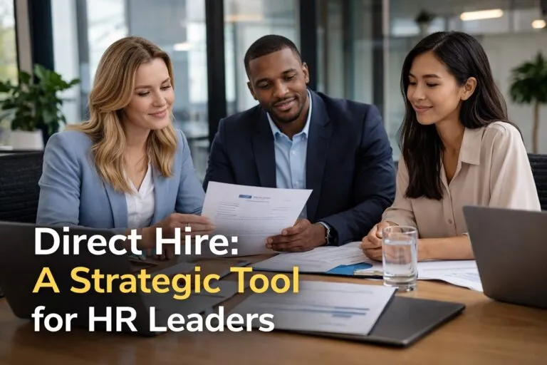 Direct hire strategy HR leaders reviewing candidate resume in office