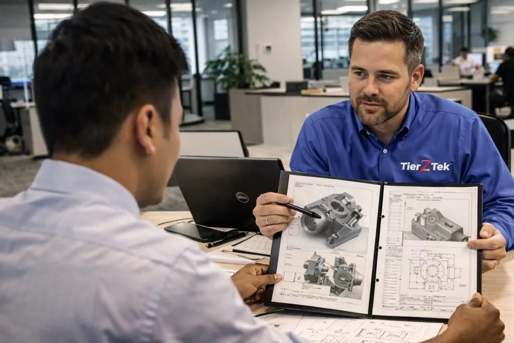 Recruiter reviewing CAD portfolio with engineering candidate in professional office