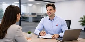 Direct hire staffing icon showing Tier2Tek recruiter interviewing candidate in corporate office