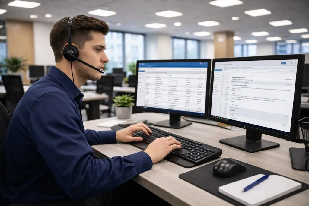 Entry level IT support technician using dual monitors for ticketing system and email support