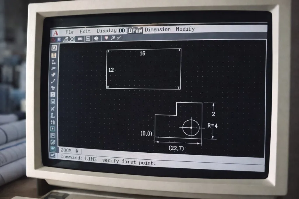 Early 2D CAD drafting interface on a vintage computer showing simple technical drawing and dimensions