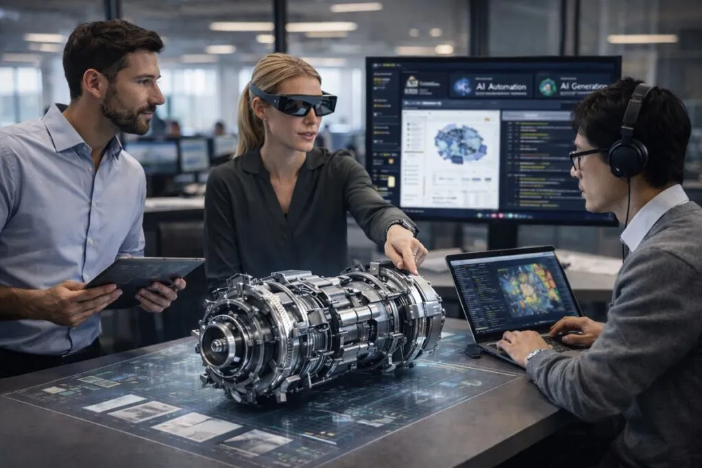 CAD professionals collaborating with design software and engineering tools in a modern corporate office